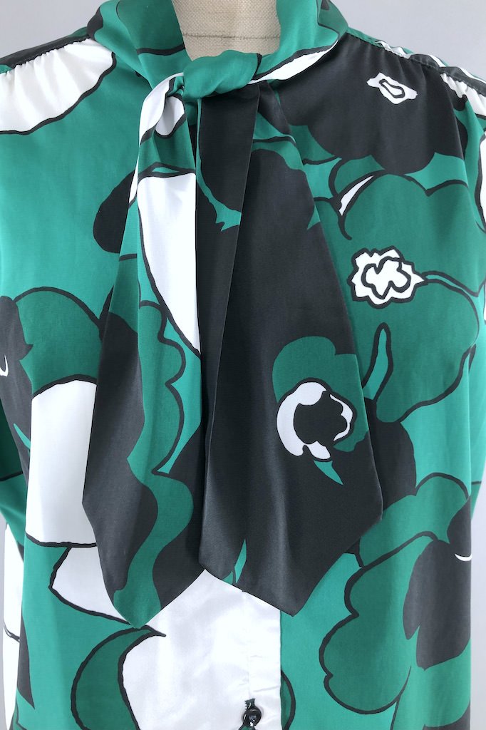 Vintage Green Floral Print Blouse-ThisBlueBird - Modern Vintage