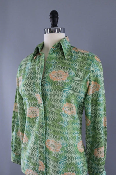 Vintage Green Floral Print Blouse / ELLES BELLES-ThisBlueBird - Modern Vintage
