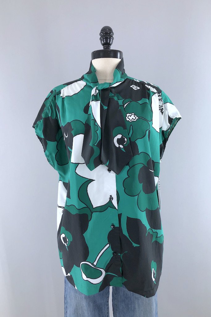 Vintage Green Floral Print Blouse-ThisBlueBird