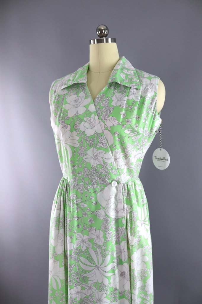 Vintage 1960s Green Floral Print Wrap Dress - ThisBlueBird