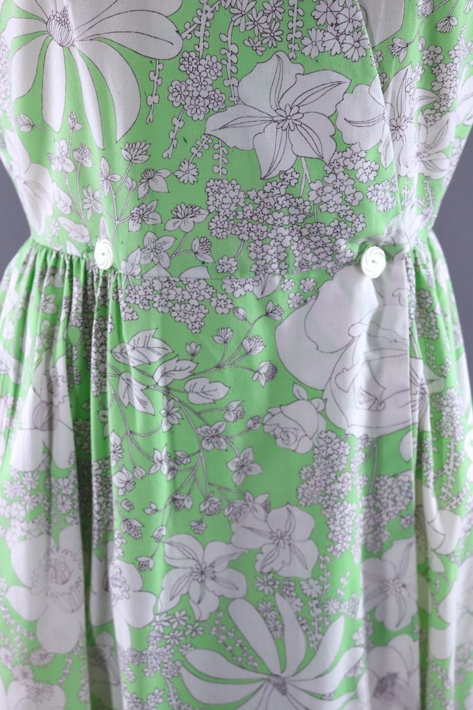 Vintage 1960s Green Floral Print Wrap Dress - ThisBlueBird