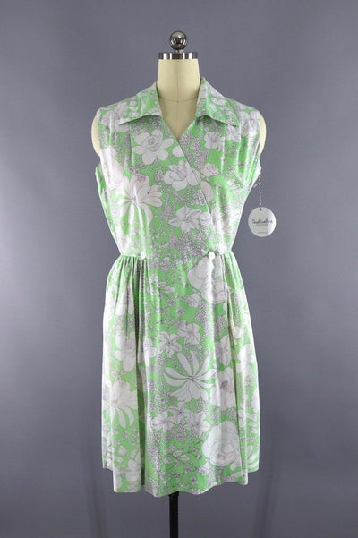 Vintage 1960s Green Floral Print Wrap Dress - ThisBlueBird