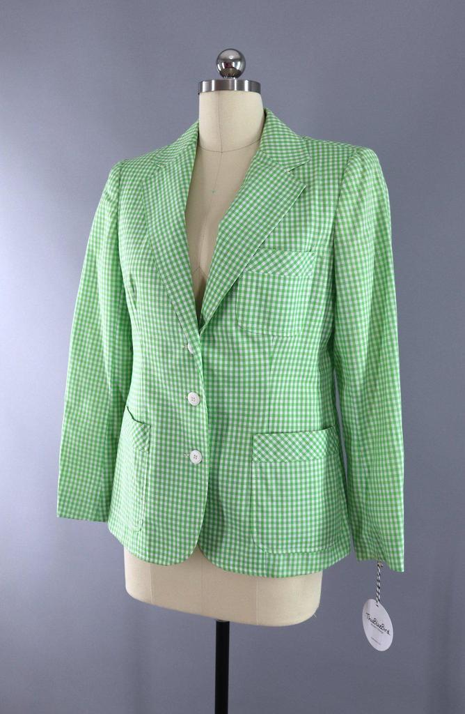 Vintage Green Gingham Blazer Jacket - ThisBlueBird