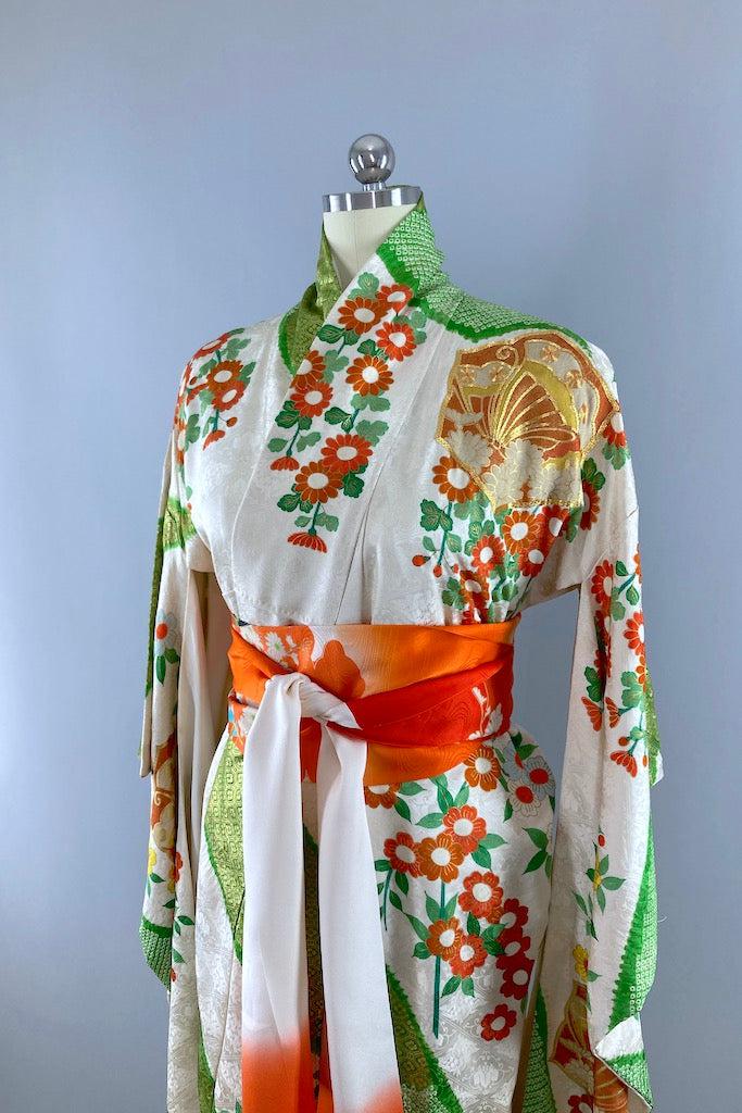 Vintage Green &amp; Gold Butterflies Silk Kimono Robe-ThisBlueBird