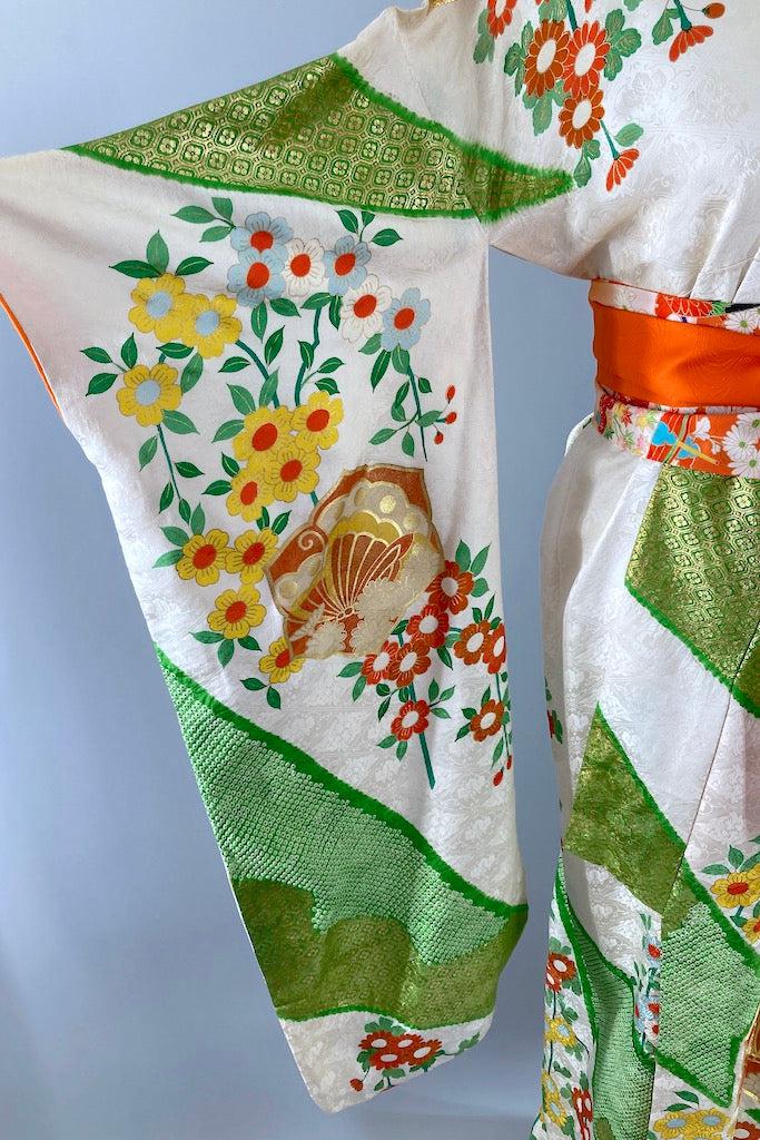 Vintage Green &amp; Gold Butterflies Silk Kimono Robe-ThisBlueBird