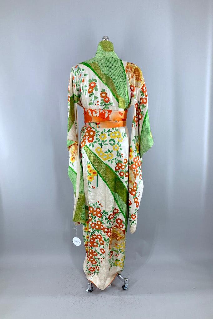 Vintage Green &amp; Gold Butterflies Silk Kimono Robe-ThisBlueBird