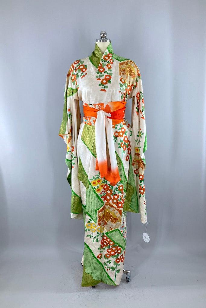 Vintage Green &amp; Gold Butterflies Silk Kimono Robe-ThisBlueBird