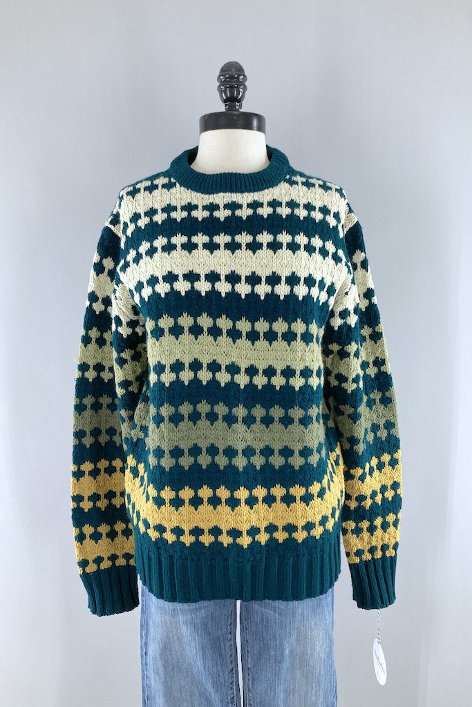 Vintage Green &amp; Gold Knit Sweater-ThisBlueBird