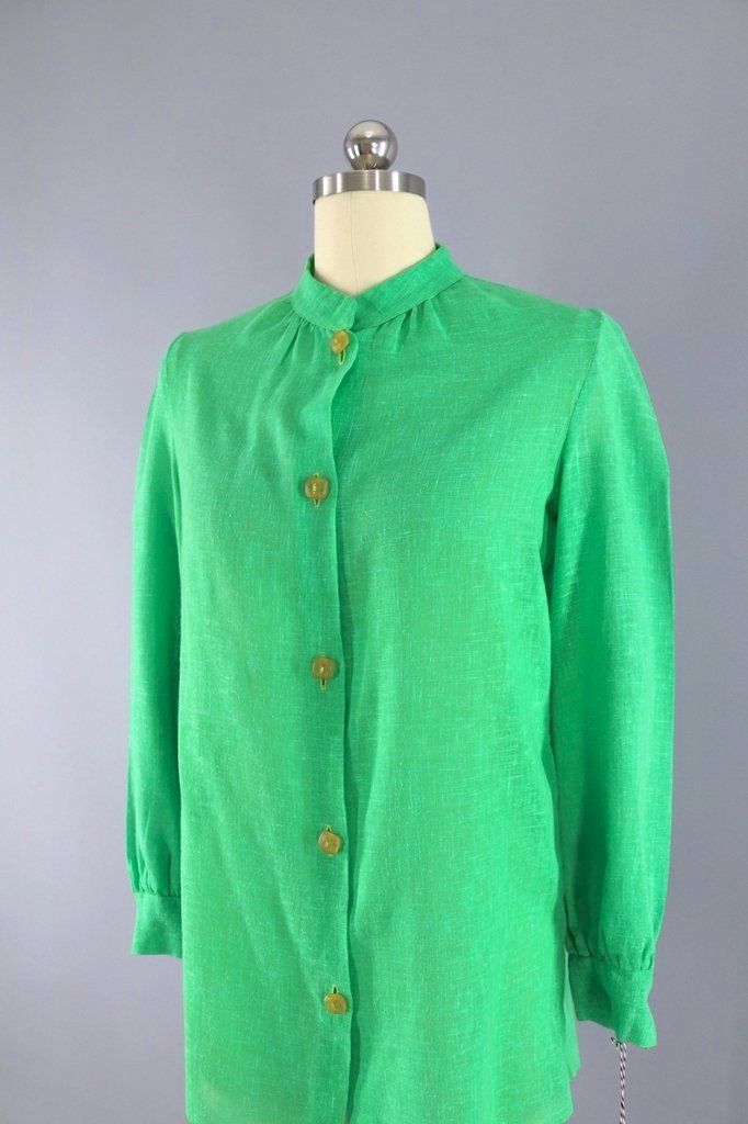 1970s Vintage Green Linen Blouse-ThisBlueBird