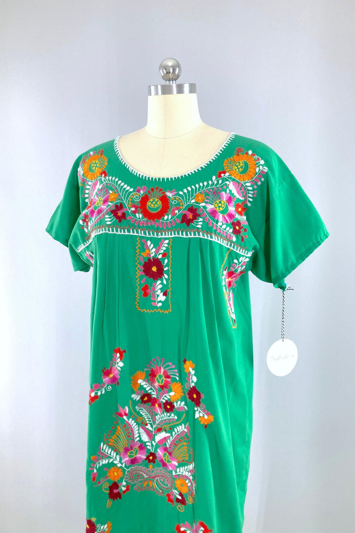 Vintage Green Mexican Embroidered Dress-ThisBlueBird