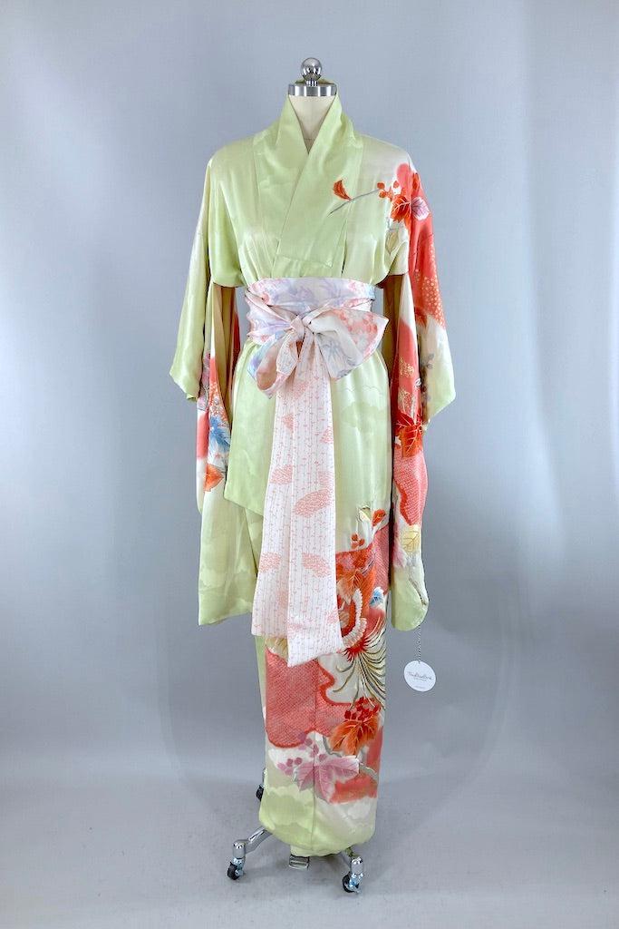 Vintage Green Phoenix Embroidered Silk Kimono-ThisBlueBird