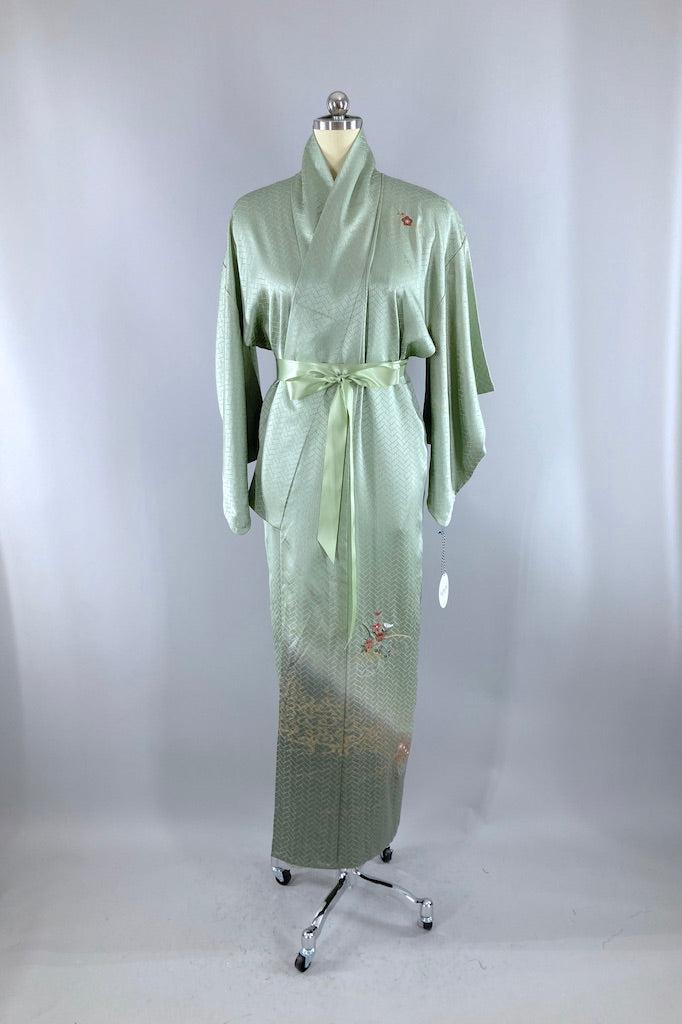 Vintage Green Satin Silk Kimono Robe-ThisBlueBird