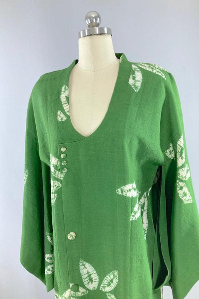 Vintage Green Shibori Raw Silk Kimono Coat-ThisBlueBird