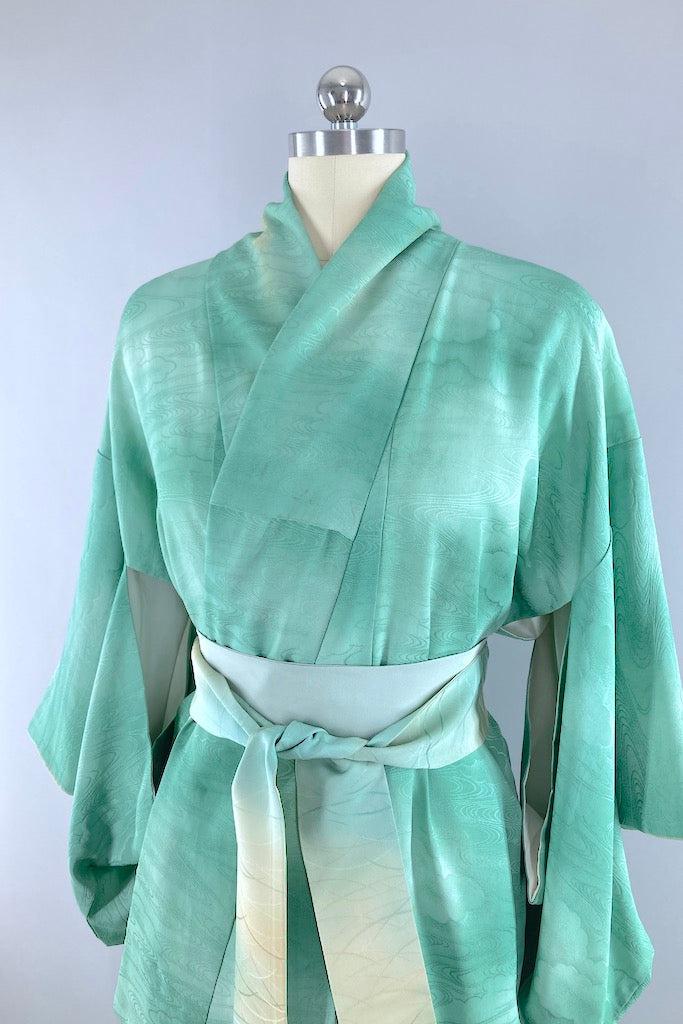 Vintage Green Watercolor Silk Kimono Robe-ThisBlueBird