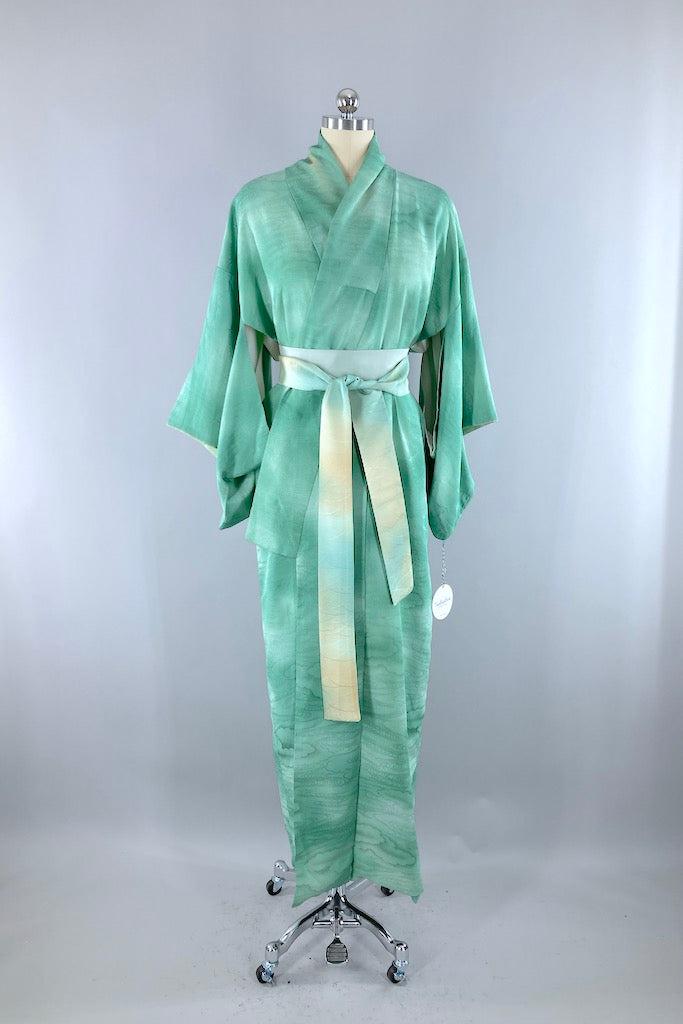 Vintage Green Watercolor Silk Kimono Robe-ThisBlueBird