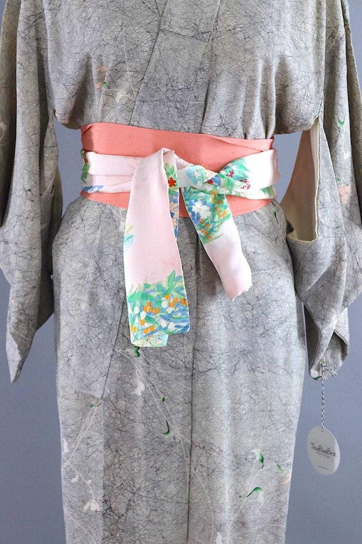Vintage Silk Kimono Robe / Grey Marble Floral Print-ThisBlueBird