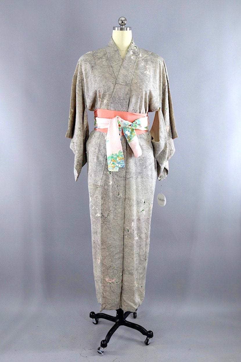 Vintage Silk Kimono Robe / Grey Marble Floral Print-ThisBlueBird