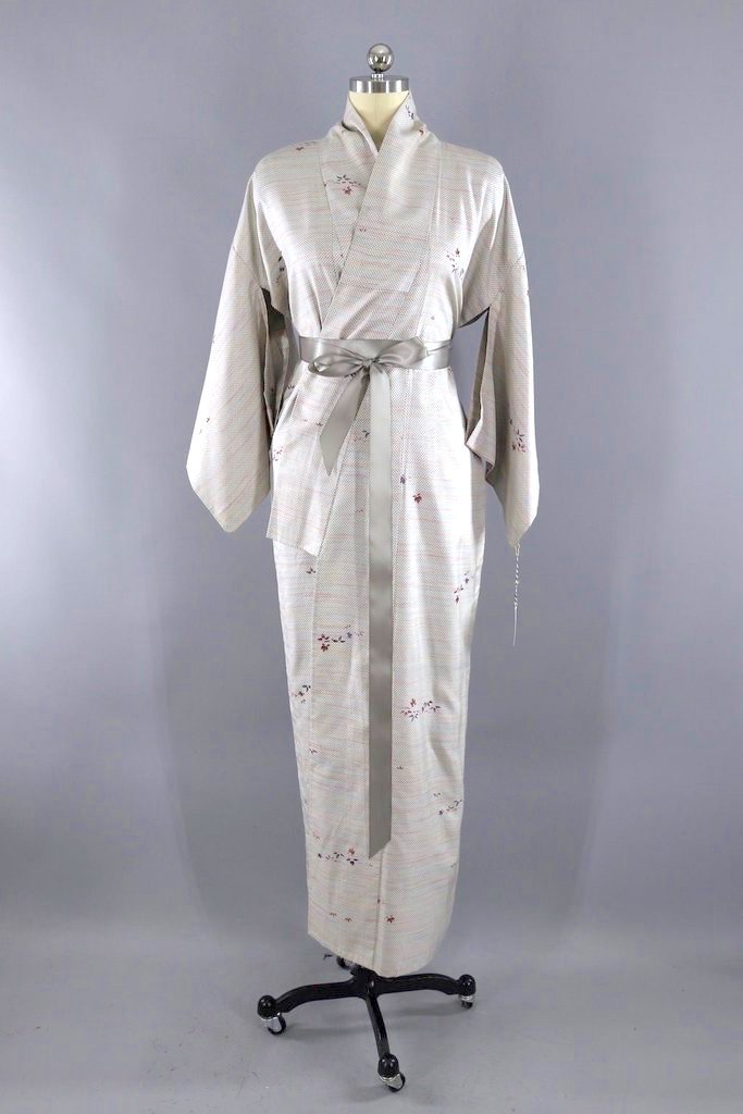 Vintage Kimono Robe / Grey Pastel Dots-ThisBlueBird