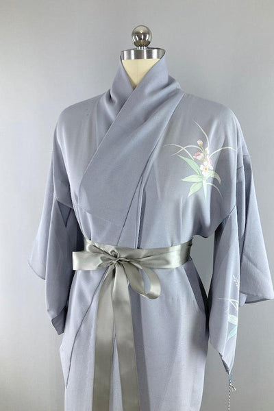 Vintage Grey Sheer Floral Print Kimono Robe-ThisBlueBird