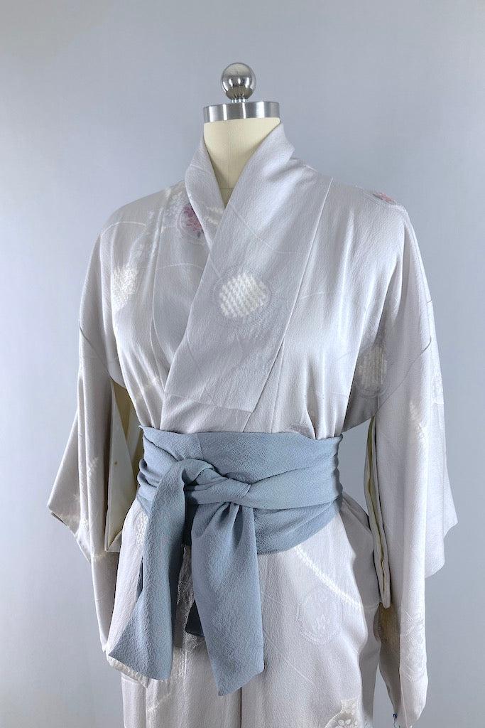 Vintage Grey Silk Floral Vases Kimono Robe-ThisBlueBird