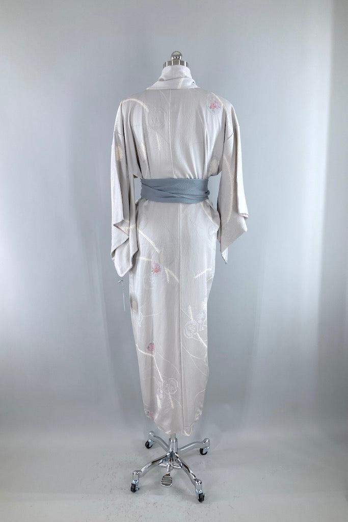 Vintage Grey Silk Floral Vases Kimono Robe-ThisBlueBird