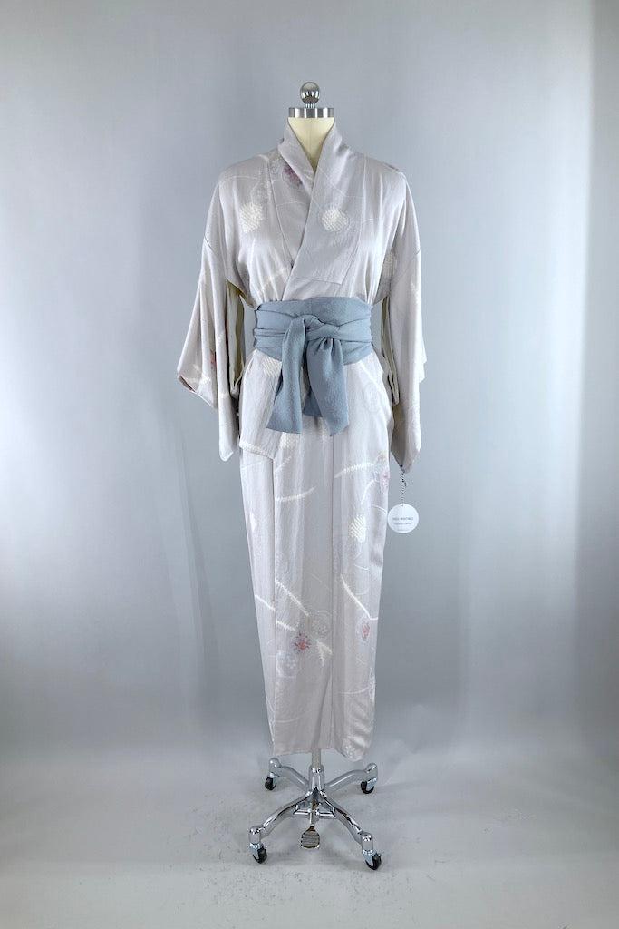 Vintage Grey Silk Floral Vases Kimono Robe-ThisBlueBird