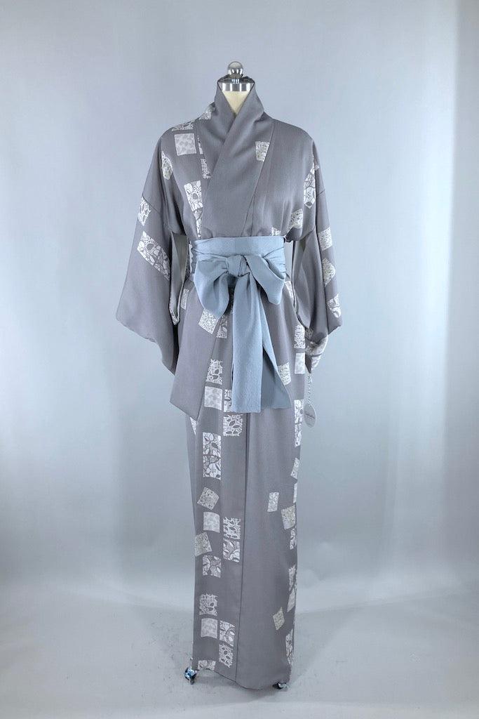 Vintage Grey & White Floral Print Kimono Robe-ThisBlueBird