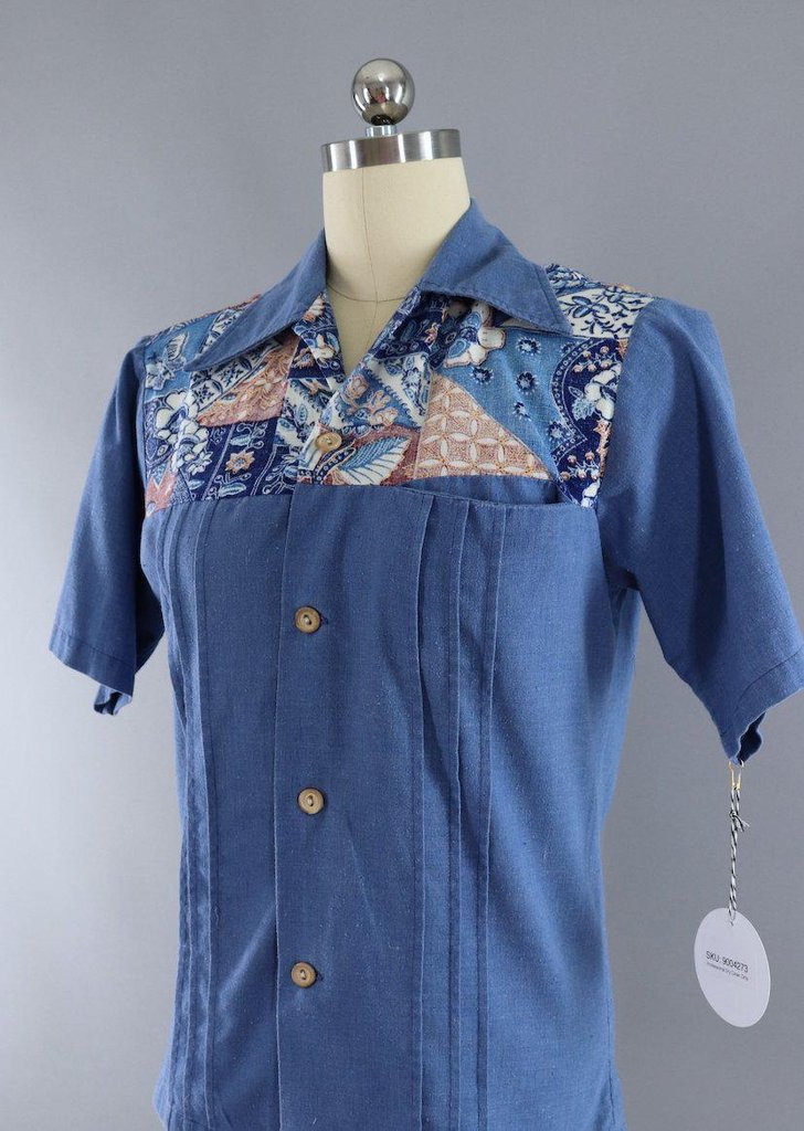 Vintage 1970s Hawaiian Print Chambray Shirt - ThisBlueBird