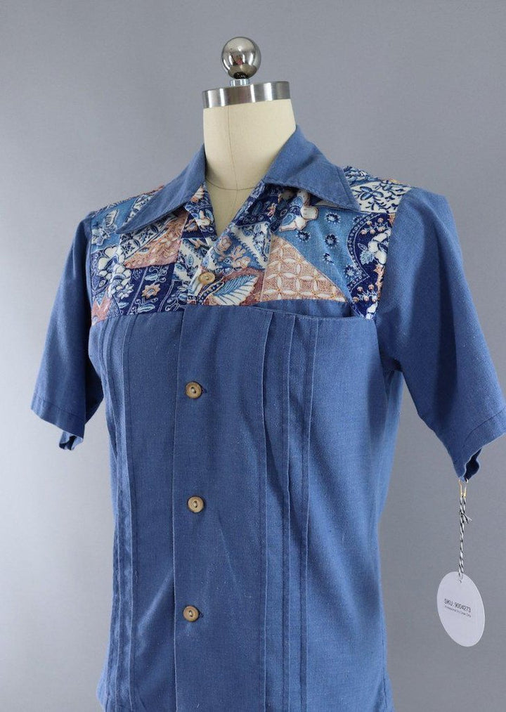 Vintage 1970s Hawaiian Print Chambray Shirt - ThisBlueBird