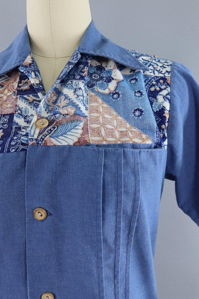 Vintage 1970s Hawaiian Print Chambray Shirt - ThisBlueBird
