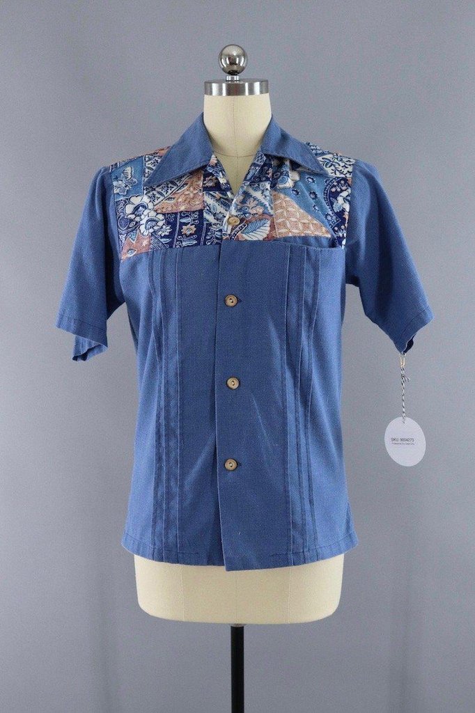 Vintage 1970s Hawaiian Print Chambray Shirt - ThisBlueBird