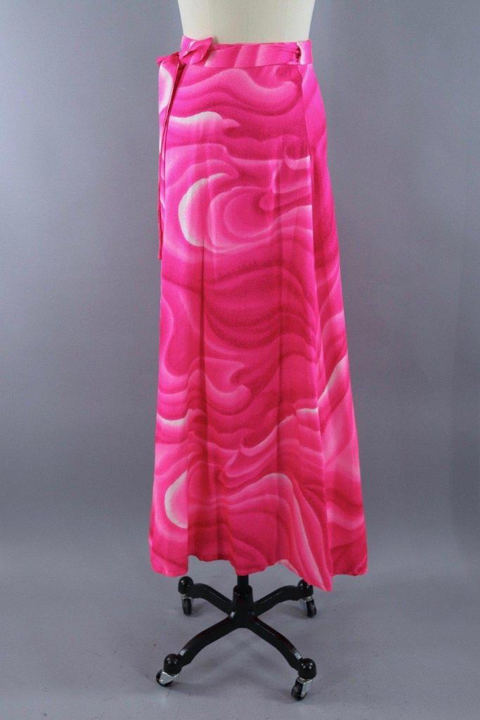 Vintage Hot Pink Hawaiian Tahitian Wave Maxi Wrap Skirt - ThisBlueBird
