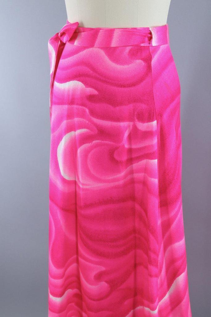 Vintage Hot Pink Hawaiian Tahitian Wave Maxi Wrap Skirt - ThisBlueBird