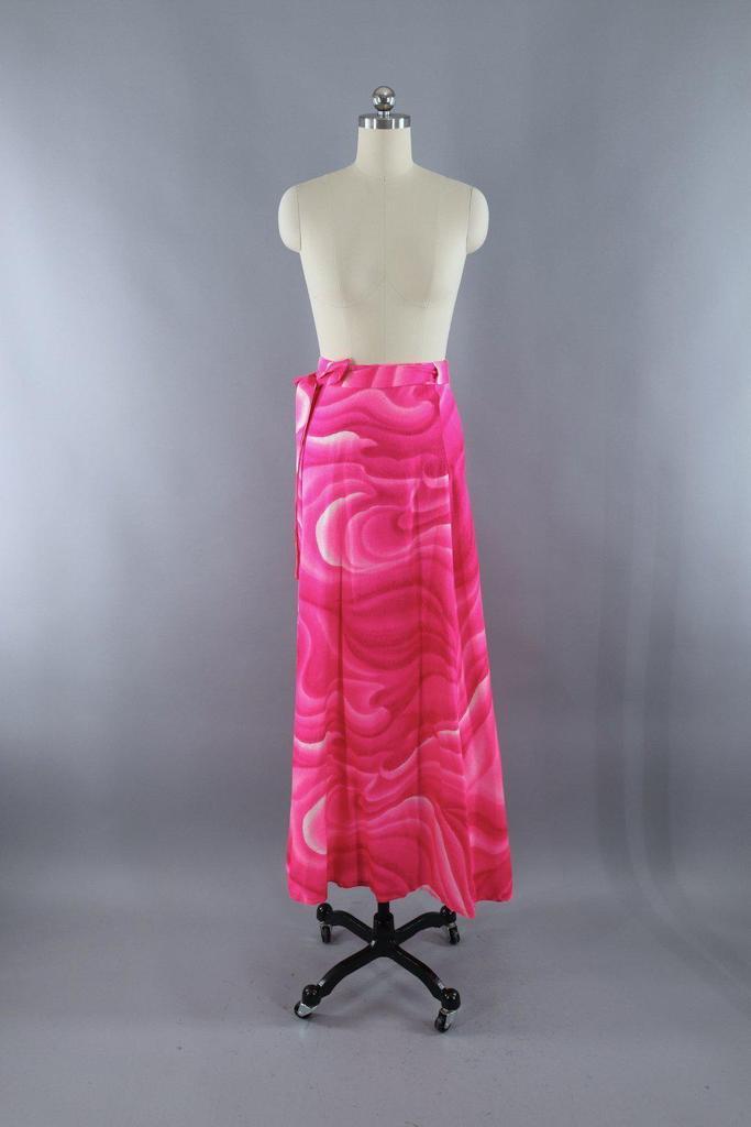 Vintage Hot Pink Hawaiian Tahitian Wave Maxi Wrap Skirt - ThisBlueBird
