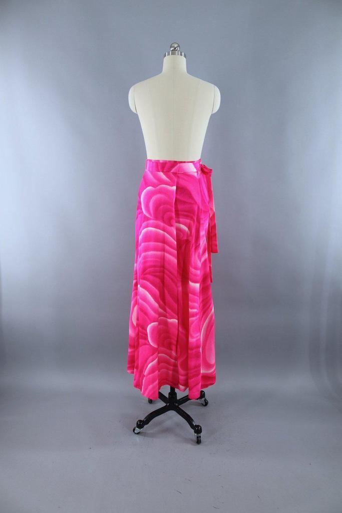 Vintage Hot Pink Hawaiian Tahitian Wave Maxi Wrap Skirt - ThisBlueBird
