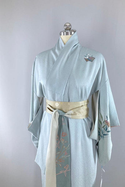Vintage Ice Blue Floral Silk Kimono Robe-ThisBlueBird