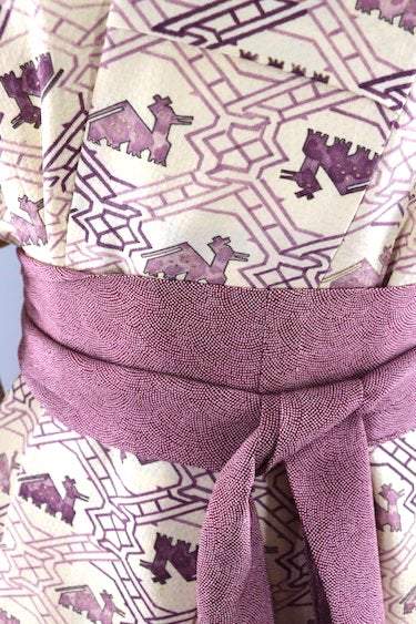 Vintage 1950s Silk Kimono Robe / Ivory & Purple Animals-ThisBlueBird