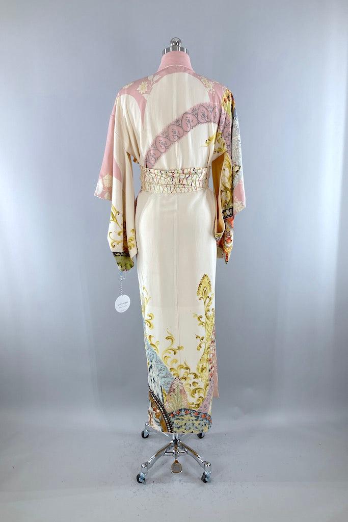 Vintage Ivory Baroque Print Silk Kimono Robe-ThisBlueBird