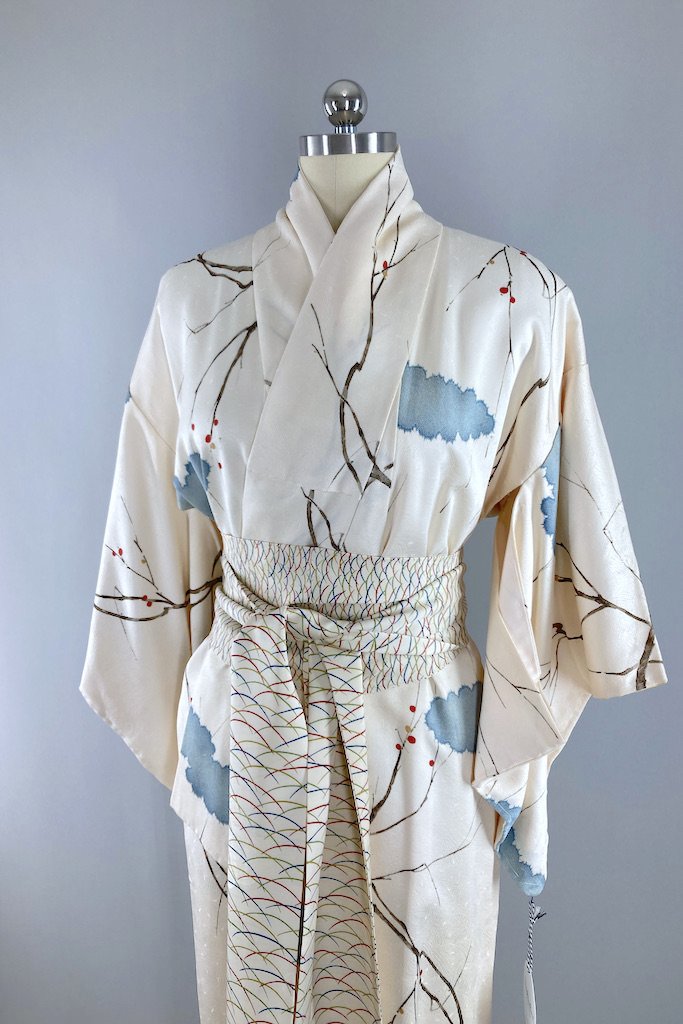 Vintage Ivory Berries Silk Kimono Robe-ThisBlueBird