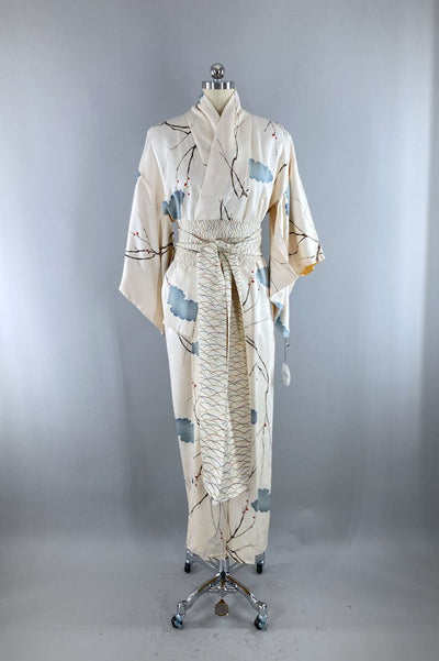 Vintage Ivory Berries Silk Kimono Robe-ThisBlueBird