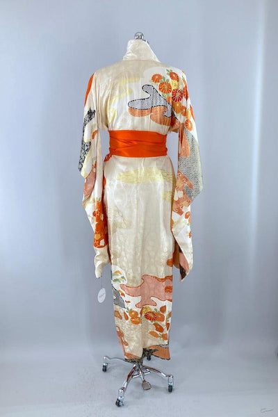 Vintage Ivory & Black Floral Silk Kimono Robe-ThisBlueBird