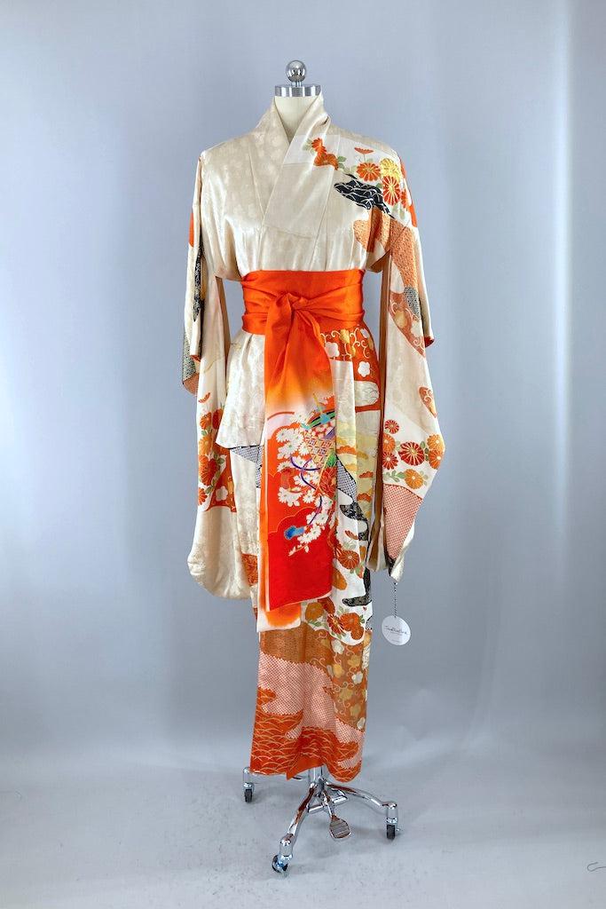 Vintage Ivory & Black Floral Silk Kimono Robe-ThisBlueBird