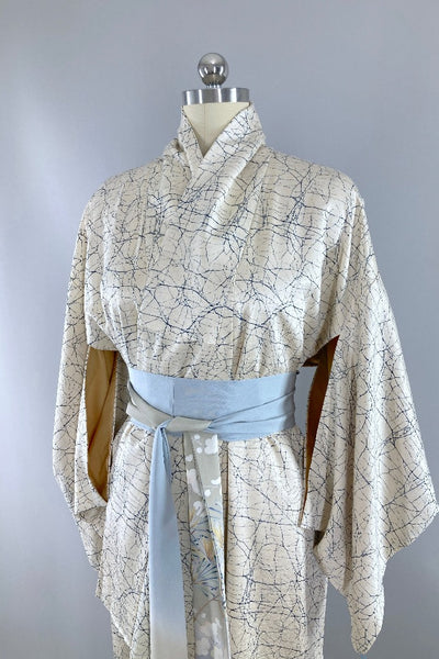 Vintage Ivory & Blue Marble Silk Kimono-ThisBlueBird