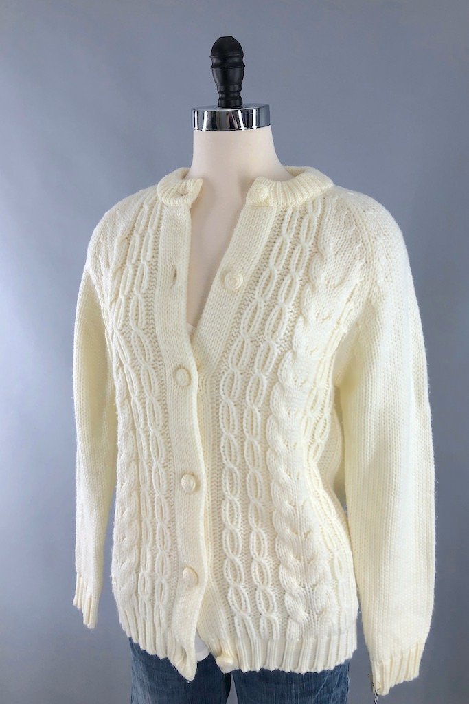 Vintage Ivory Cable Knit Cardigan Sweater-ThisBlueBird - Modern Vintage