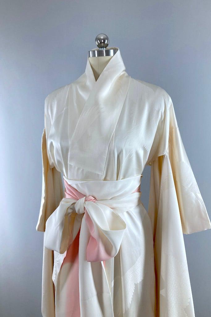 Vintage Ivory Cranes Silk Shiro-Furisode Wedding Kimono-ThisBlueBird