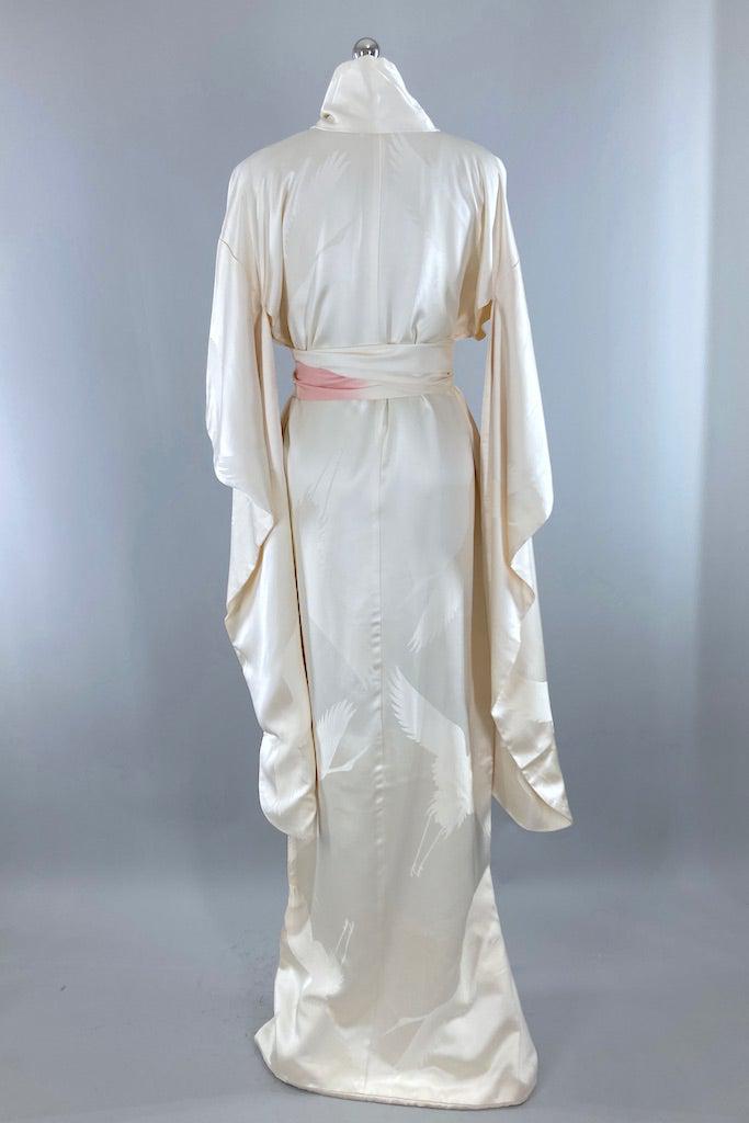 Vintage Ivory Cranes Silk Shiro-Furisode Wedding Kimono-ThisBlueBird