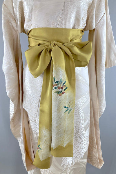Vintage Ivory Cranes Silk Shiro-Uchikake Wedding Kimono-ThisBlueBird