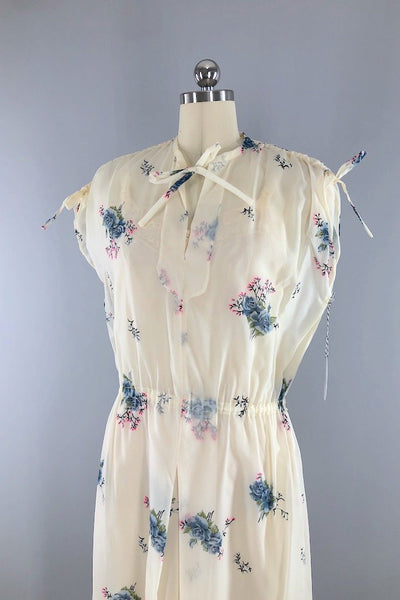 Vintage Ivory Floral Chiffon Dress-ThisBlueBird - Modern Vintage