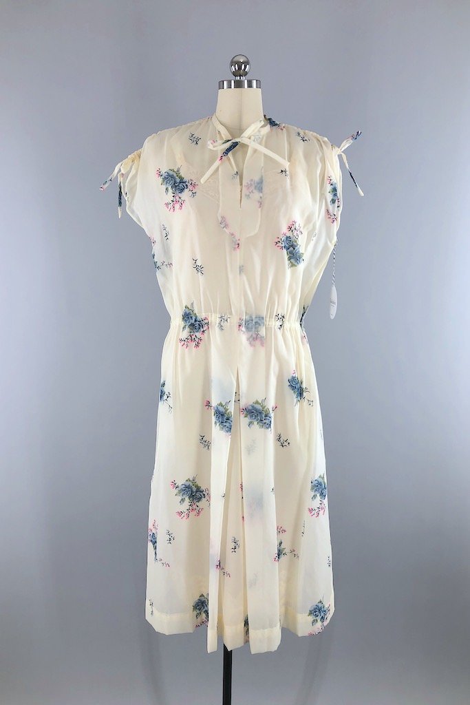 Vintage Ivory Floral Chiffon Dress-ThisBlueBird - Modern Vintage