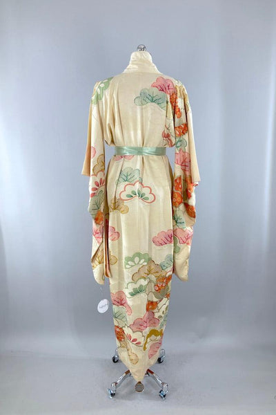 Vintage Ivory Floral Silk Kimono Robe-ThisBlueBird